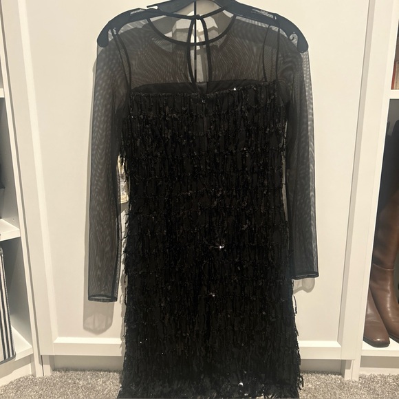 Eliza J Illusion Sequin Fringe Shift Dress  0 Cocktail See Through Arms Black - Picture 3 of 6